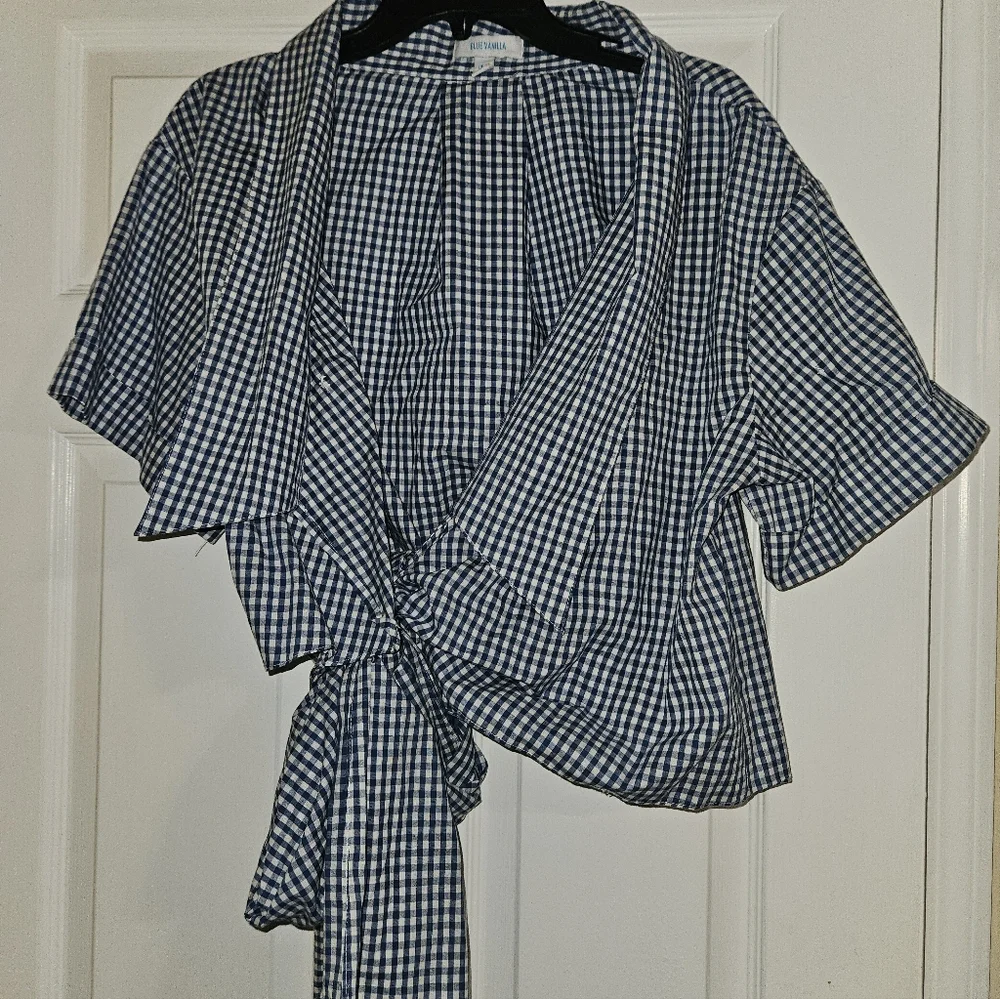 Reformation Navy and White Gingham Wrap Blouse - Picture 1 of 3